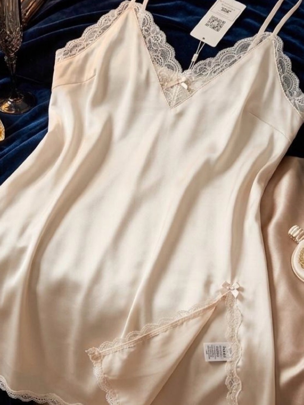 Lace-Trim Satin Chemise Slip in Blush